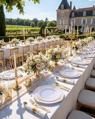 Nervure 350PCS Gold Plastic Plates - Gold Plastic Dinnerware Sets for 50 Guests - 100 Disposable Plates, 150 Silverware, 50 Cups, 50 Napkins for Wedding & Party & Mothers Day - color: Gold