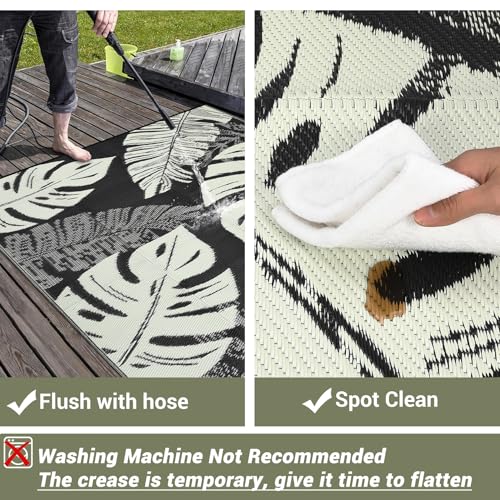 COZYLOOM Outdoor Rug 8x10 ft Waterproof Reversible Patio Plastic Straw Rug for Decor Outside Large RV Camping Area Carpet Mat for Porch Deck Balcony Pool Backyard Picnic Beach Camper Door, Black Beige - color: Leaf Black/Beige, size: 8'x10'