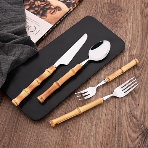 8 PCS Small Fork, 6.3 Inches Stainless Steel Dessert Forks with Bamboo Handle, Kitchen Flatware Cutlery Set, Use for Tasting Cakes Fruits and Appetizer, Mirror Polished - color: 8-Piece Cake Fork