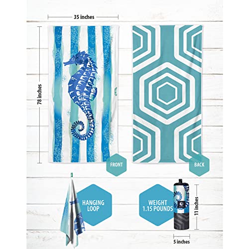 VENTURE 4TH Microfiber Beach Towel: Quick-Dry, Compact, Sand-Free, Absorbent, Sandproof and Lightweight - Perfect for Camping, Beach, and Roadtrips (Striped Seahorse Design | 35x78 inches) - color: Striped Seahorse, size: Extra Large (78" x 35")