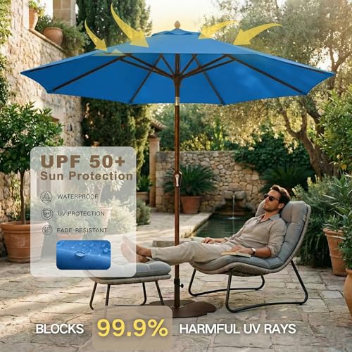 Kingdura 9FT Outdoor Patio Umbrella, Market Table Umbrella with Push Button Tilt and Crank, 8 Sturdy Fiberglass Ribs, UV Protection for Pool, Lawn, Deck, Backyard, Garden (Royal blue) - color: Royal blue, size: 9 Ft