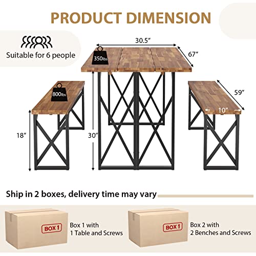 Giantex Outdoor Picnic Table Set with 2 Benches, Acacia Wood Patio Dining Set for 6 or 4 Persons, with 2” Umbrella Hole, 67” Large Rectangular Camping Table for Garden Lawn Yard 800 Lbs Capacity