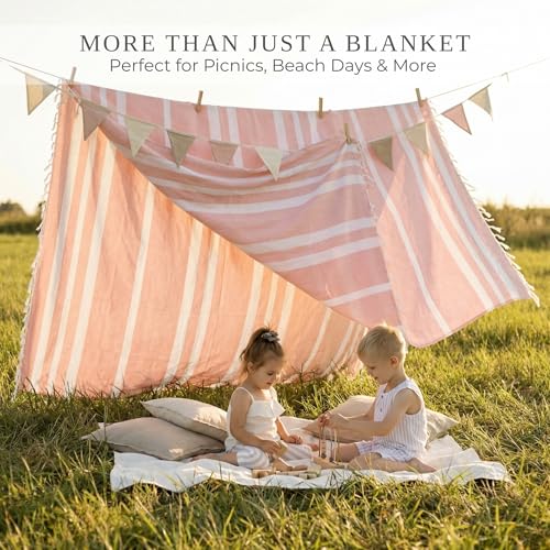 ZICOTO Beautiful Extra Large Beach Blanket with Tassels - Soft Oversized Turkish-Style Beach Towel for Relaxing Beach Days with the Whole Family - Lightweight Quick-Dry Picnic Blanket for Adults - color: Pink