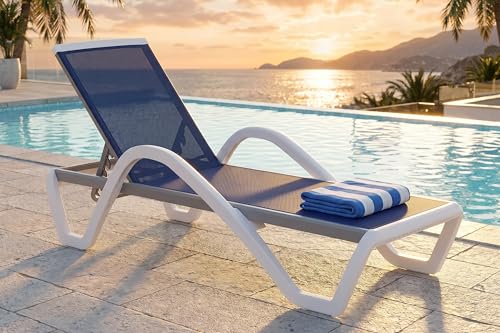 PURPLE LEAF Patio Chaise Lounge Chair Outdoor Plastic Textilene Sun Bathing Recliner Tanning Pool Lounger with 6 Adjustable Position for Outside Beach in-Pool Lawn Poolside, Navy Blue - color: Navy Blue, style: 1 chair(w/Arms)