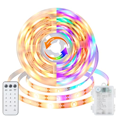 echosari LED Strip Lights Battery Operated, 10Ft 108 LED Dual Color Changing Strip Lights with Remote Cuttable Adhesive Lights Strip for Bedroom Party Decoration (Warm White & Multicolor) - color: Warm White & Multicolor, size: 9.8Ft