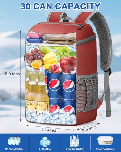 Pritent Cooler Backpack for Men Women Insulated Waterproof Backpack Cooler Leak Proof Cooler Bag Lightweight Lunch Backpack for Camping Beach Travel Picnic - color: Leather Coral, size: 30 Cans