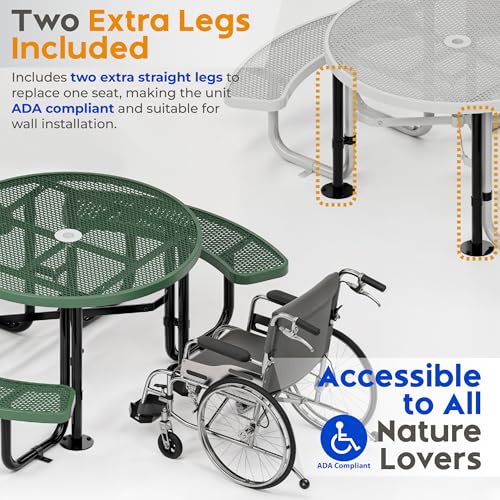 Metal Picnic Tables for Outdoors with Umbrella Hole - Coated Steel Heavy Duty Commercial Grade Furniture Set with Adjustable Seats (Green, 46 in, Round, Expanded Steel) - color: Green, size: 46 In, Round, Expanded Steel
