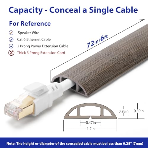 Floor Cord Cover 6ft, Cord Hider Floor Gray Wood, Cable Management Prevent Trips, Cable Cover Wire Covers for Electric Power Cords, Wire Protector Cavity W0.47in x H0.28in Grey - color: Grey Oak Wood, size: W1.2'' x L6'