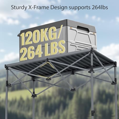 Anbte 34.2” Tall Camping Table Foldable, 2 Adjustable Height Large Roll Up Camping Table Support 264lbs with Storage Basket and Bag, Waterproof, for Travel BBQ Outdoor Patio, 39.4” x 19.7”, Black - color: Black, size: 39.4”L x 19.7”W x 34.2”H (2 heights)