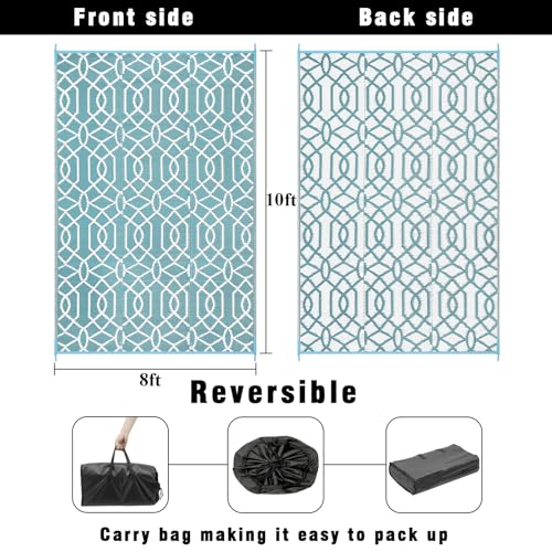 HEBE Outdoor Rug Waterproof 8x10, Reversible Plastic Straw Rug RV Camping Rug, Indoor Outdoor Patio Mat Clearance, Outside Carpet for Porch,Deck,Camper,Balcony,Backyard,Picnic - color: Line/Teal, size: 8' x 10' (Rectangular)