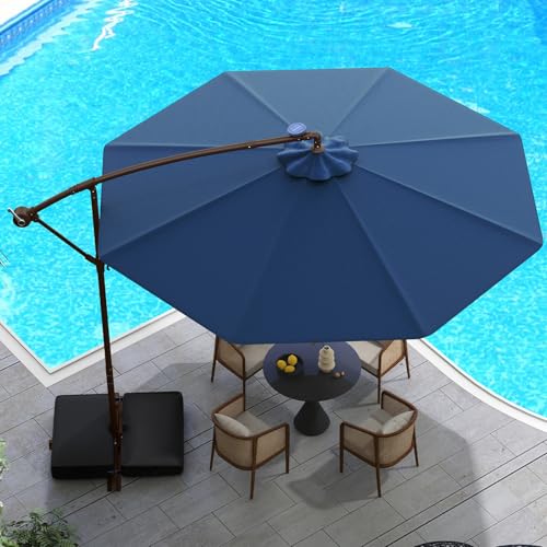 Tangkula 10FT Offset Patio Umbrella with Base Included, Outdoor Cantilever Umbrella with 40 Solar LED Lights, Tilt Adjustment, Crank Handle, Vented Top, Sand Bags for Pool Yard Deck (Navy) - color: Navy