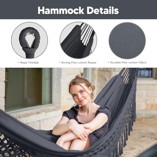 SUNCREAT Portable Outdoor Hammock with Stand Included, Double Hammock with Tassel for Outside, Dark Gray - color: Tassel-dark Gray