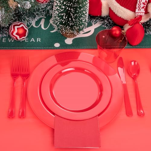 Gather 176 Pieces Red Plastic Plates- Red Heavy Duty Disposable Plates Dinnerware 50Plates, 75 Plastic Silverware, 25 Napkins, 25 Cups Bonus 1 Red Plastic Tablecloth for Party& Wedding &Mother's Day - color: Red, size: 25 Guests