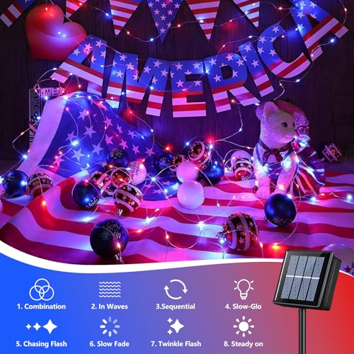 QITONG 4 Pack 4th of July Solar Fairy Lights Outdoor Waterproof, Each 33ft 100 LED Red White and Blue Pariotic Lights, 8 Modes Copper Wire Christmas String Lights for Memoria Indepedence Party Decor - color: Red White and Blue, size: 4Pack*100LED