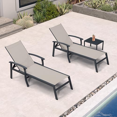 PURPLE LEAF Chaise Lounge Chair Outdoor 2 Pieces Pool Lounge Chairs 5 Adjustable Position with Armrests and Side Table Aluminum Patio Lounge Chair for Outside Backyard Beach Pool, Deep Beige - color: Deep Beige, size: Standard