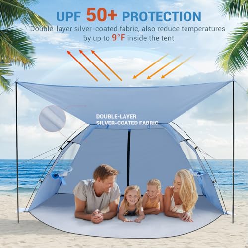 Elegear CumbreX™ Beach Tent Sun Shelter with Canopy, 4-5 Person Pop Up Beach Tent Cabana, Easy Setup UPF 50+ UV Protection Portable Lightweight Double Silver Coating Sun Shade Shelter - Dark Blue - color: Dark Blue, size: 4-5 Person
