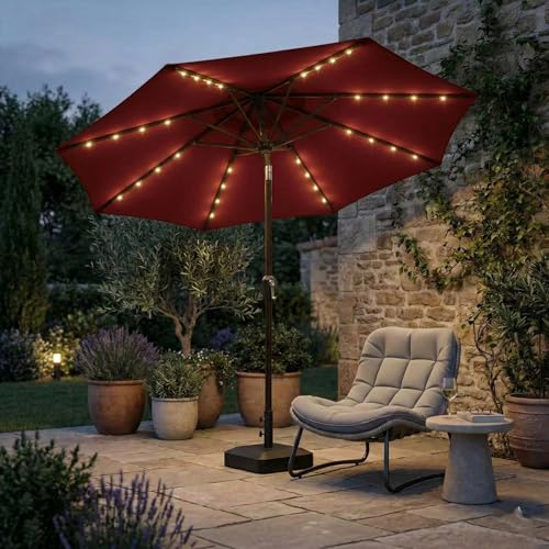 Kingdura 10FT Outdoor Patio Umbrella with Solar Lights, Market Table Umbrella with Push Button Tilt & Crank, 8 Sturdy Ribs, 32 LED Lights, UV Protection for Garden Lawn Deck Backyard Pool (Dark red) - color: Dark red-LED, size: 10 Ft