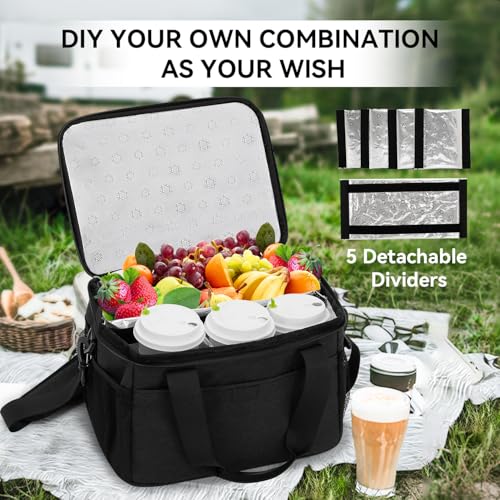 6 Cups Drink Carrier for Delivery, Reusable Cup Holder with Handle, Insulated Collapsible Drink Carrier, Adjustable Dividers, Shoulder Strap, Portable Cooler Tote Bag for Delivery, Travel, Car (Black) - color: Black