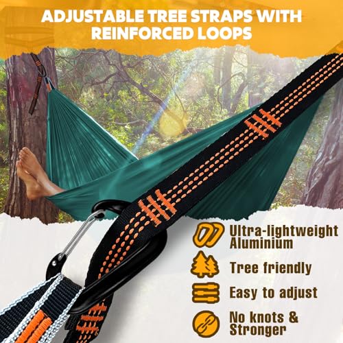 NATUREFUN Ultra-Light Travel Camping Hammock | 300kg Load Capacity,Breathable,Quick-Drying | 2 x Premium Carabiners,2 x Nylon Slings Included | Outdoor Indoor Garden - color: Dark Green, size: 300x200cm