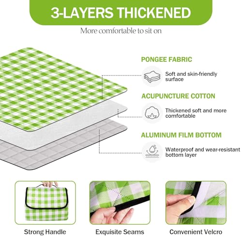 78.7''x78.7'' Extra Large Picnic Beach Blankets, 3 Layers Plaid Waterproof Thickened Foldable Camping Blanket, All-in-one Portable Mat, Suitable for Park, Camping, Outdoor Indoor, Green