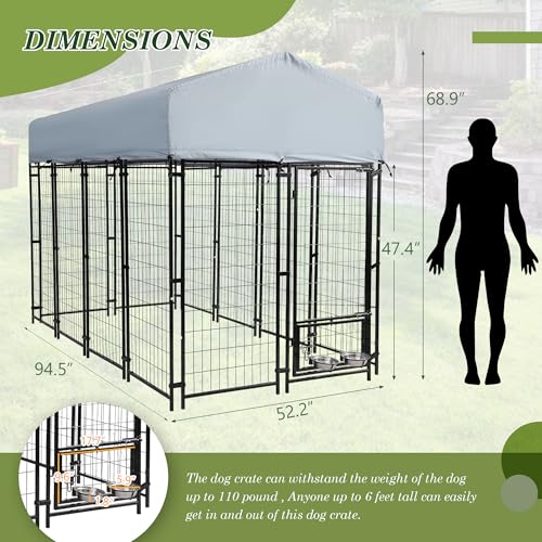Grepatio 8x4x5.7 FT Outdoor Dog Kennel with Roof, Heavy Duty Dog Cage for Large Dogs, Outside Dog Enclosure with 2 Rotating Dogs Bowls, Welded Wire Steel Dog Kennel Run Playpen Fence with Secure Lock