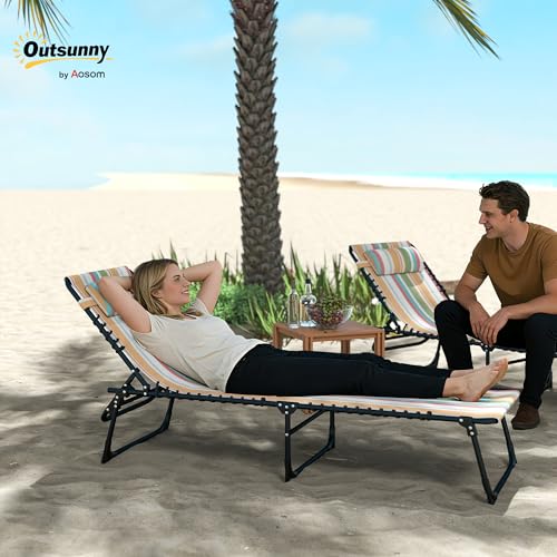 Outsunny Folding Chaise Lounge Chair, Patio Sun Tanning Chair, Outdoor Chaise Lounger with 4-Position Reclining Back, Breathable Mesh Seat for Beach, Poolside, Yard, Rainbow Striped - color: Rainbow Striped, size: 1 Pack