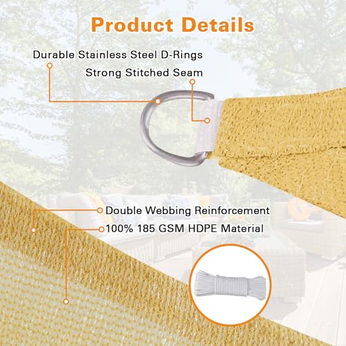 Artpuch Sun Shade Sail, 13'X13' Sand Rectangle Curved Edged Sun Shade, Commercial Grade 185GSM HDPE UV Permeable Outdoor Shade Cloth for Deck, Backyard, Patio (Custom Sizes Made)