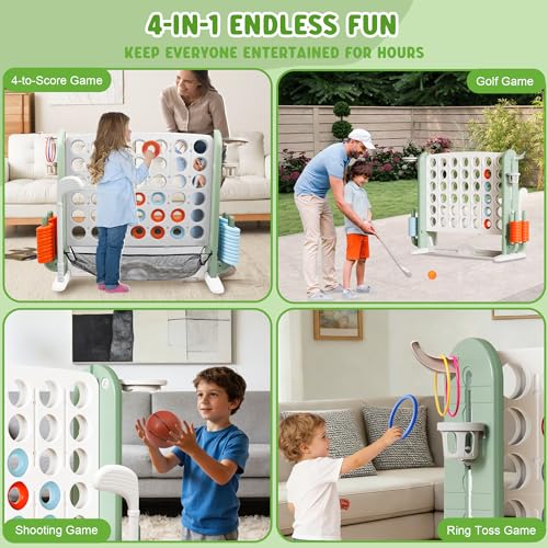 Wdmiya Giant 4 Outdoor Game Set, 4-in-1 Height Adjustable Jumbo 4-in-a-Row Game with Ring Toss, Basketball Hoop & Golf, Backyard Games for Kids & Adults, Includes Mesh Pocket (Upgrade Green) - color: Upgrade Green