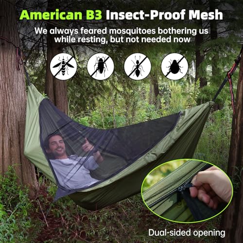 Camping Hammock with Mosquito Net – Portable Parachute Nylon Backpacking Hammock with Tree Straps, Camp Rope & Stake - for Hiking, Backpacking, Travel, Backyard, Beach – Holds Up to 500lbs (Green) - color: Green