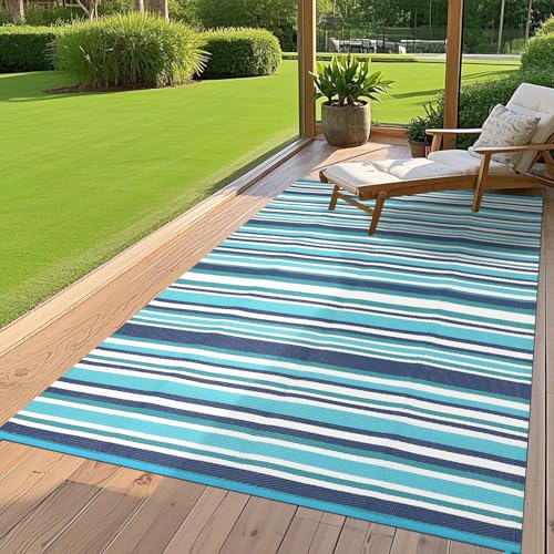GarveeHome 9x18 Outdoor Rug Geometric Reversible Plastic Straw Outdoor Rugs Colorful Striped Outdoor Carpet UV Resistant Portable Large Modern Rug for Camping Beach Porch RV Deck, Navy Blue Teal - color: Geometric Stripes| Navy Blue Teal, size: 9' x 18' (