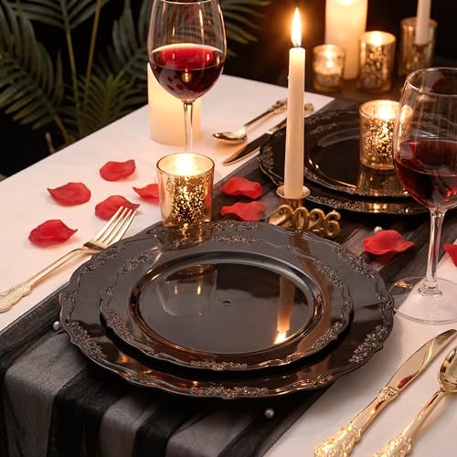 U-QE 100PCS Black Plastic Plates, Heavy Duty Black Plates Including 50PCS 10'' Dinner Plates & 50PCS 7.5'' Dessert Plate - Hard Plastic Plate for Party Wedding Bridal Shower - color: Black