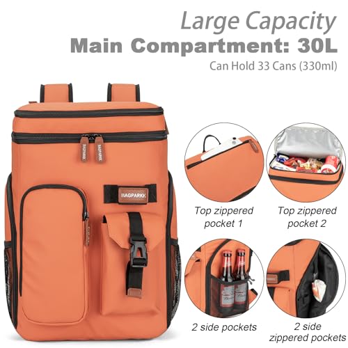 BAGPARKK Insulated Cooler Backpack,33/45 Cans Multifunctional Double Deck Leakproof Cooler Bag with Sternum Strap,Large Capacity Lightweight Travel Camping Beach Backpack - color: Orange, size: 33Can