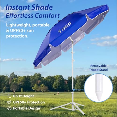 AMMSUN Shade Umbrella, Premium Portable Umbrella with Stand, 6.5ft Lightweight Free Standing Canopy for Sporting Games, Adjustable Instant Sun Protection and Easy to Carry, Blue - color: Blue