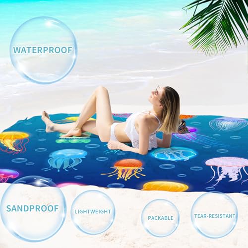 Beach Blanket Waterproof Sandproof 78''×81'' Large Suits 1-5 Adults Oversized Lightweight Picnic Mat Sand-Free Blanket for Camping Hiking Beach Travel - color: Jellyfish, size: 78''x81''