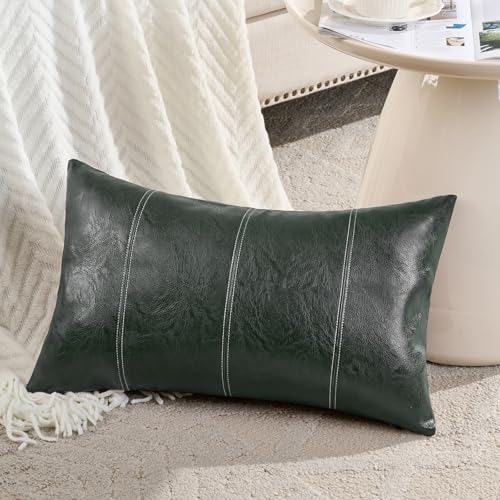 Fancy Homi 2 Packs Dark Green Lumbar Faux Leather Decorative Throw Pillow Covers 12x20 Inch for Outdoor Couch Bed, Modern Farmhouse Boho Home Decor, Olive Green Hand Stitched Cushion Case 30x50 cm - color: Dark Green, size: 20" x 12" (Pack of 2)