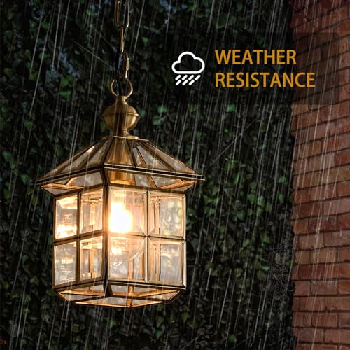 Milaii Mi Copper Brass Outdoor Pendant Light 12.6in Exterior Lantern Hanging Light Fixture Waterproof Anti-Rust Porch Light Outdoor Chandelier for Porch Kitchen Dining Room Entryway Patio - color: Brass