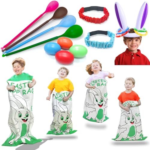 19 Pack Easter Outdoor Party Games for Kid Family, School Carnival Game 4 Bunny Potato Sack Race Bag, Egg and Spoon Relay Race, 2 3-Legged Band, 1 Ear Ring Toss Game (4 Score Rings) Easter Eggs Hunt