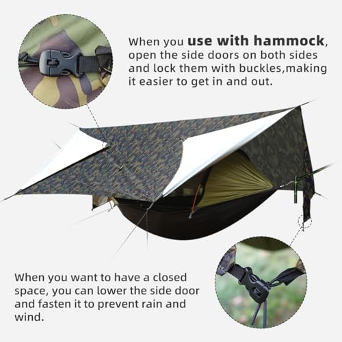 Ultralight Tarp, 14ft Hammock Rain Fly Lightweight Waterproof Camping Tent Tarp with Doors, Bushcraft Tarp Shelter for Backpacking Hiking Camping - color: Camouflage