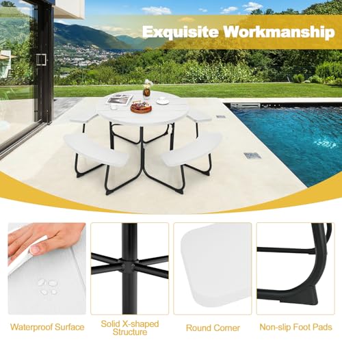 Tangkula 8 Person Picnic Table, Outdoor Round Picnic Table with 4 Built-in Benches, Umbrella Hole, Metal Frame & HDPE Tabletop, Outside Table and Bench Set for Backyard, 2300lbs Weight Capacity - color: White