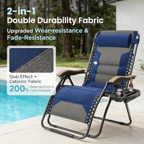 PHI VILLA XXL Oversized Padded Zero Gravity Chair, Foldable Patio Recliner, 30" Wide Seat Anti Gravity Lounger with Cup Holder, Support 400 LBS (Thumb Blue) - color: Blue, style: 1 Pcs
