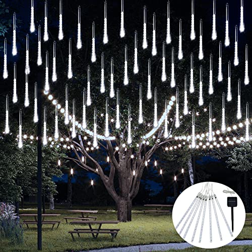 JMEXSUSS White Solar Christmas Lights, 8 Tube 144 LEDs Solar Meteor Shower Lights Outdoor, White Christmas Light for Tree Wedding Xmas Holiday Party Patio GazeboDecor - color: Cool White, size: 1*144LED
