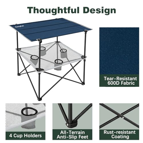 SUNNYFEEL Folding Camping Table- Collapsible Portable Beach Table with 4 Cup Holders & Carry Bags, Tailgate Table for Outdoor Excursion Picnic Hiking Fishing Travel Parties, Blue