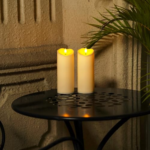 Homemory 3"x8" Outdoor Waterproof Flameless Candles, LED Candles, Battery Operated Candles with Remote and Timers, Electric Fake Plastic Pillar Candles, Dark Ivory, Set of 2 - color: Dark Ivory, size: D3"xH8"8"