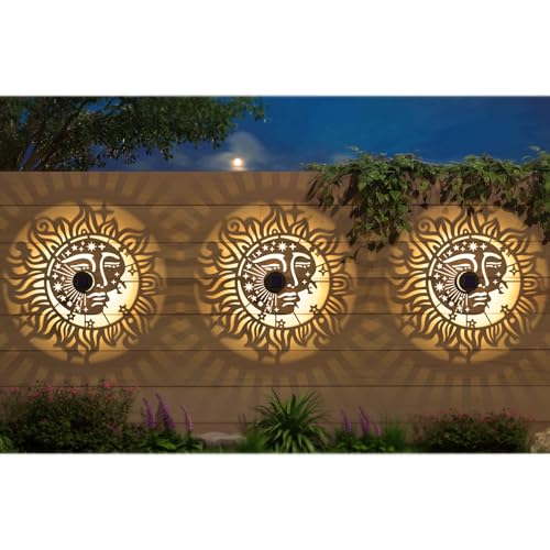 4 Pack Solar Fence Lights Metal Solar Powered Outdoor Wall Deck Step Lights Sun Moon Theme Waterproof Fence Light for Garden Post Patio Backyard Yard Decor, Gardening Gifts for Women Mom Grandma - color: Sun Moon, size: 4 Pack