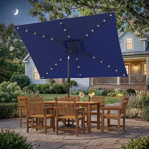 Rectangle Patio Umbrella with Solar Lights, 10 x 6.5ft Rectangular Outdoor Umbrella Table Market Patio Umbrella with Push Button Tilt and Crank for Garden, Deck, Backyard, Pool - color: Navy