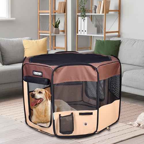 JESPET 61" Pet Dog Playpens, Portable Soft Dog Exercise Pen Kennel with Carry Bag for Puppy Cats Kittens Rabbits, Brown - color: Brown, style: 61x61x30 Inch (Pack of 1)