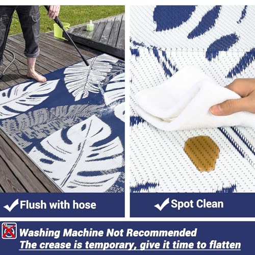 Outdoor Rug 10x20 Patio Waterproof, Foldable Reversible Outdoor Plastic Straw Rug Modern Palm Leaf Mat for Camper Outside Carpet for Rv, Deck, Porch, Picnic, Beach, Balcony, Navy - color: Leaf|navy&white, size: 10' x 20' (Rectangular)