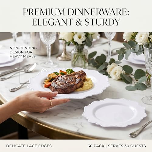 COLOSUS 100 pcs White Plastic Plates Set,Fancy Beaded Plates-European Retro plates include 50 dinner plates and 50 dessert plates,Plastic Disposable plates for BBQ and Party - color: White