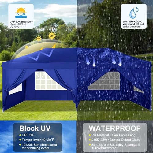 COBIZI Canopy 10x20 Pop Up Canopy with 4 Sidewalls Easy Pop Up Tent 10x20 Waterproof Commercial Instant Shelter UPF 50+ Portable Gazebo Wedding Tents for Parties Carport Events(Dark Blue - color: Navy Blue, size: 10x20FT with 6 sidewalls