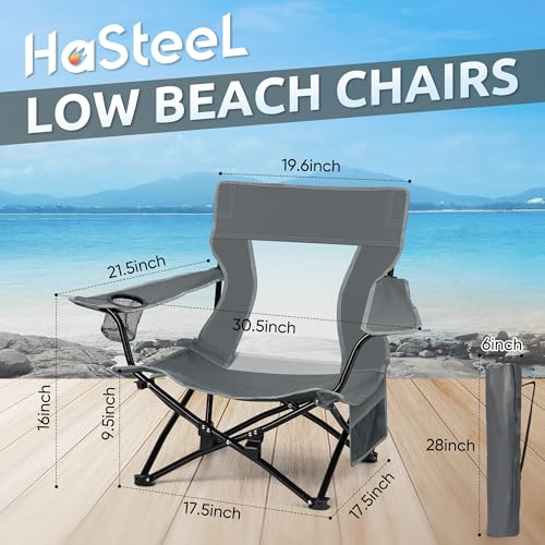 HaSteeL Folding Beach Chair Set of 2, Foldable Grey Camping Chairs for Outside, Low Beach Chair Portable for Adults Fishing, Picnic, Outdoor BBQ, Travel, Sports, Cup Holder & Storage Bag - color: Grey Chairs